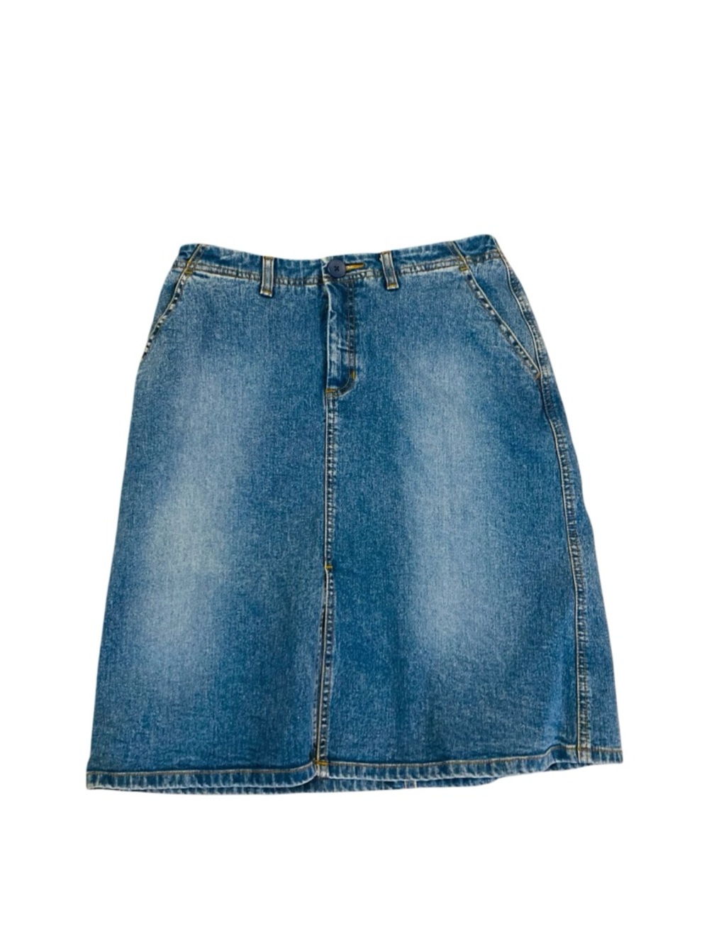 HALOGEN Y2K 90s Butter Mom Denim Straight Midi Skirt Front Slit